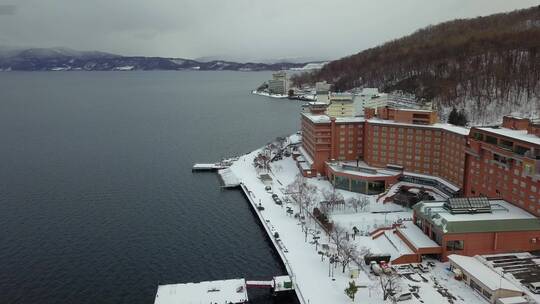 日本北海道洞爷湖温泉镇风光航拍