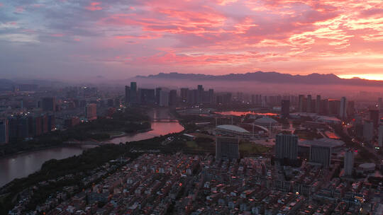 浙江义乌城市地标朝霞火烧云大景风光4K航拍