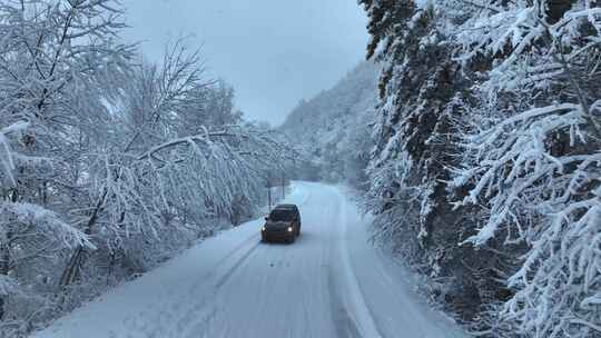 汽车行驶在冬天的林海雪原