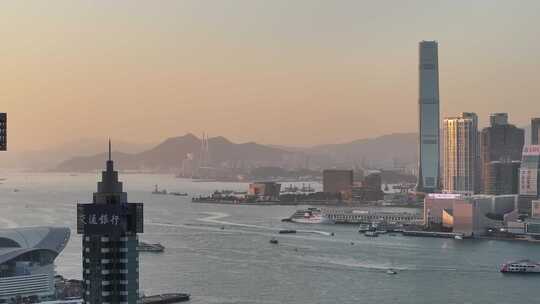 香港维多利亚港清晨日出航拍