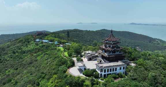 苏州吴中区太湖渔洋山风景区渔洋阁航拍