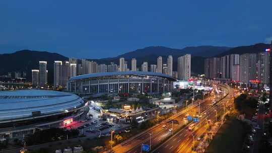 福建三明体育中心场馆夜景航拍