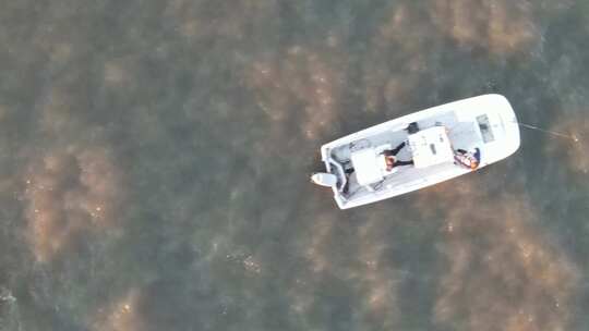 漂浮在美国庞恰特雷恩湖浑浊水中的船只的自上而下视图。-空中