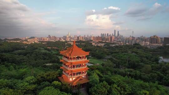 航拍广州麓湖公园鸿鹄楼眺望珠江新城
