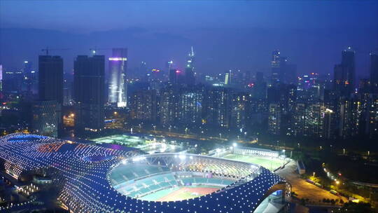 航拍从深圳湾体育场 推到场内活动俯拍 夜景