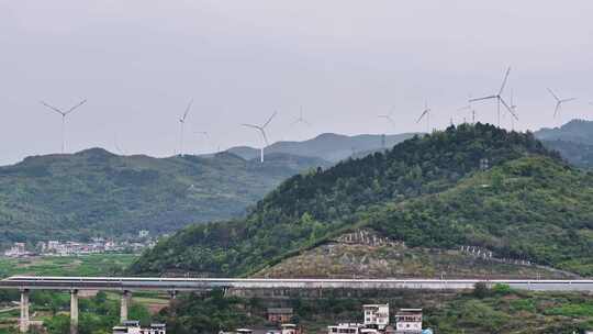 航拍乡村风车风能高铁驶过美景视频素材模板下载