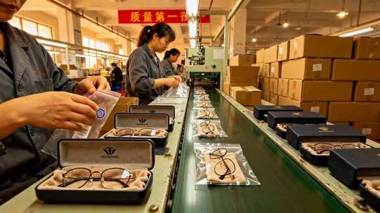 工厂工人眼镜包装流水线作业