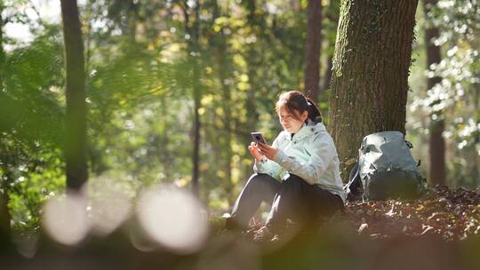 女性在户外森林徒步探险坐在树下使用手机