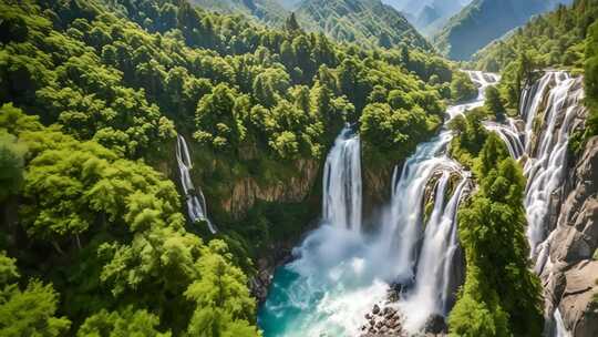 山林间壮观瀑布全景