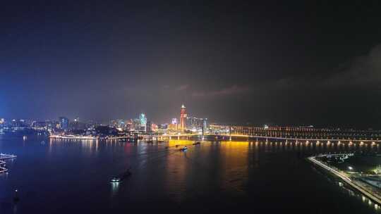 澳门夜景航拍澳门塔西湾大桥夜晚大海河流