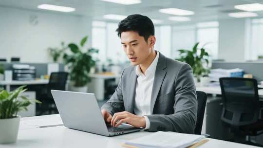 办公室白领使用笔记本电脑工作