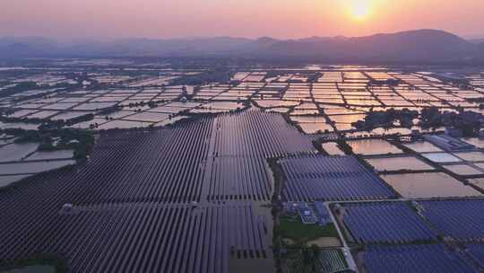 夕阳下的光伏太阳能发电站