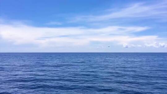 蓝天下在海洋上空低空飞行的飞机