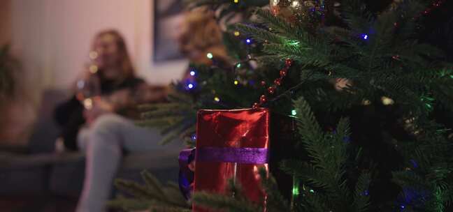 装饰圣诞树，背景是一对夫妇坐着喝酒