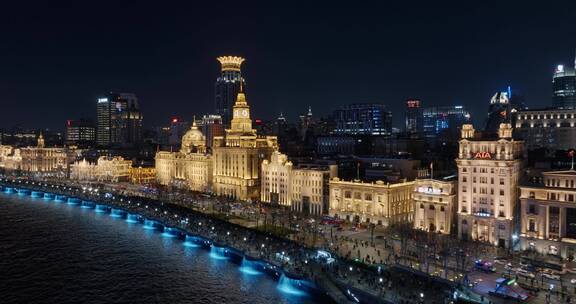 航拍上海外滩万国建筑群夜景