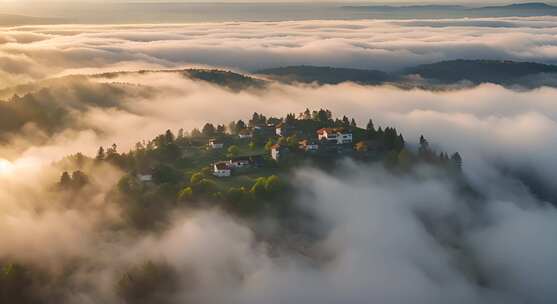 美丽乡村云海日出农村美景村庄云雾缭绕风景