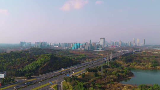 成都兴隆湖高速路与周边环境鸟瞰全景