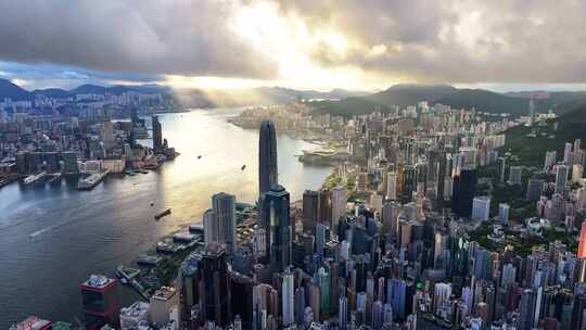 香港维多利亚港CBD中环日出高空航拍