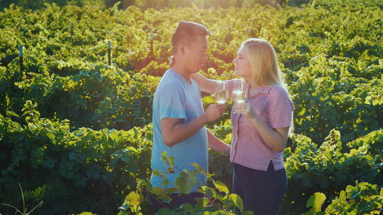 夫妇在葡萄园一起品尝葡萄酒