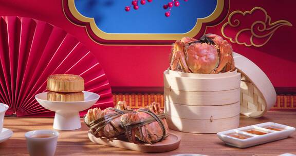 螃蟹红色装饰背景前的中秋节美食大闸蟹月饼