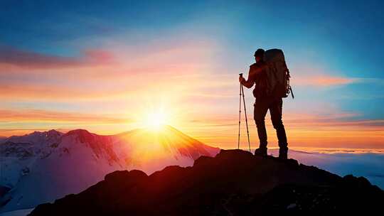 日出攀登山爬山登顶希望成功旅行企业宣传片