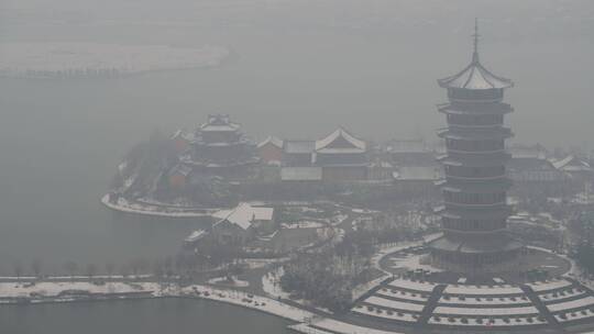 航拍胶州雪后少海南湖公园