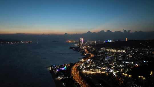 厦门夜景环岛路航拍海滨城市风光双子塔晚霞