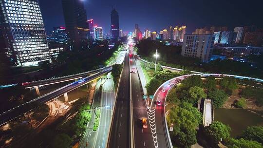 航拍夜晚杭州滨江时代大道高架中兴立交夜景