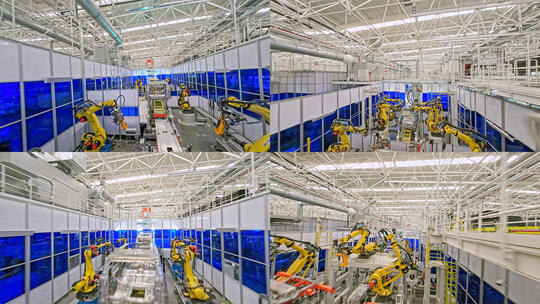 穿越机拍摄汽车制造工厂机械臂自动化生产线高清在线视频素材下载