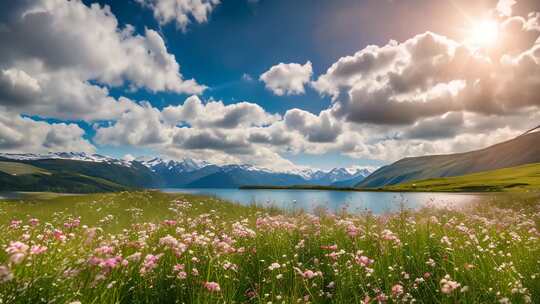 草原花海湖泊雪山全景