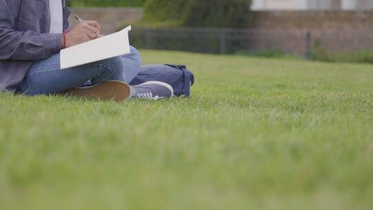 大学生坐在草地上学习