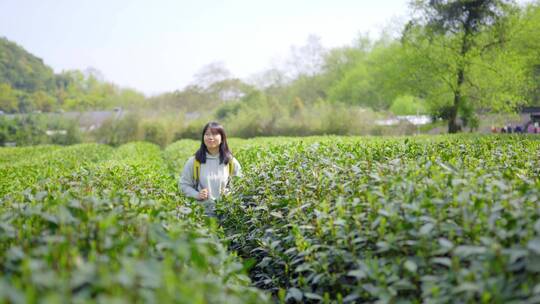 春天年轻阳光活力女孩郊游公园穿越生态茶园