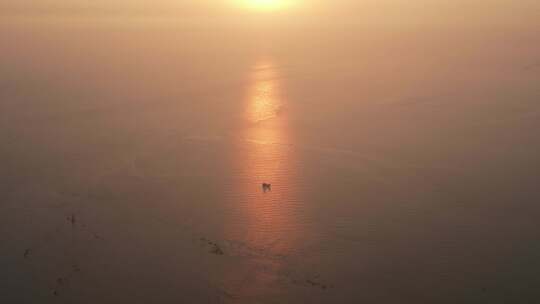 海边城市清晨日出迷雾航拍