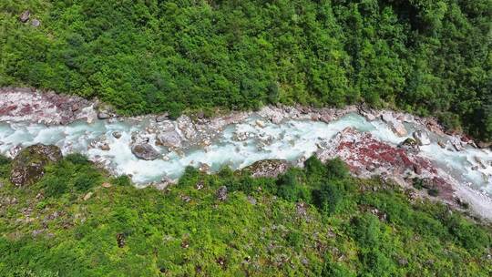 航拍四川甘孜贡嘎山区南门关沟森林河谷风光