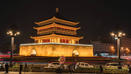 延时8K｜西安地标建筑钟楼车流夜景视频素材模板下载