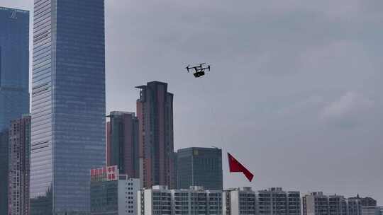 南宁国庆节氛围航拍无人机挂红旗视频素材模板下载