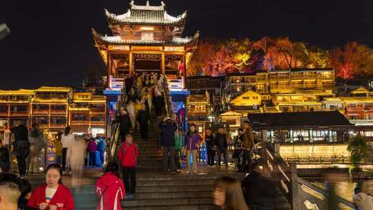 8K湘西凤凰古城雪桥地标人流游客延时