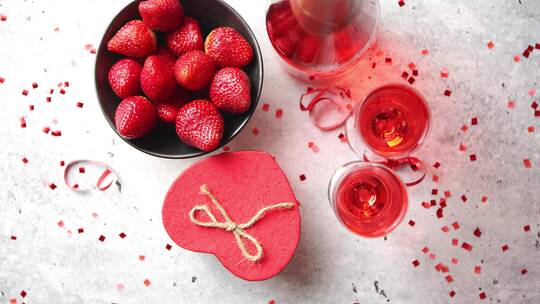 玫瑰香槟酒杯配有新鲜草莓和心形礼物