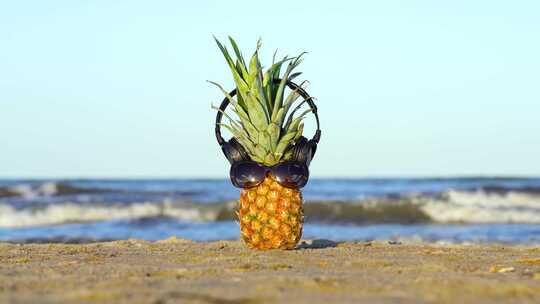 沙滩上带眼镜和耳机的菠萝视频素材模板下载