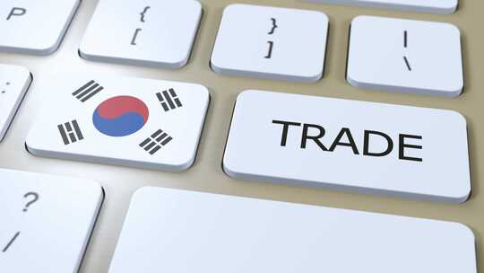 按钮3D动画上的韩国国旗和贸易文本