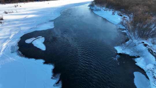 航拍呼伦贝尔冬季风光海拉尔河湿地雪景