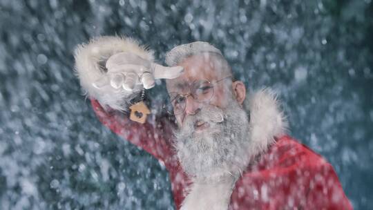 在雪中展示钥匙扣的圣诞老人