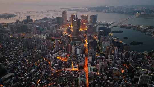 澳门半岛新葡京澳门塔CBD夜景高空航拍