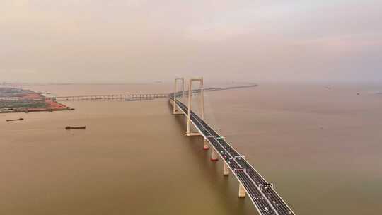 深圳中山翠亨新区深中大桥车流夜景日落航拍