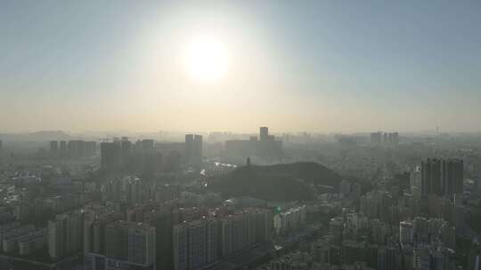 广东省深圳市光明区红花山公园航拍夕阳逆光