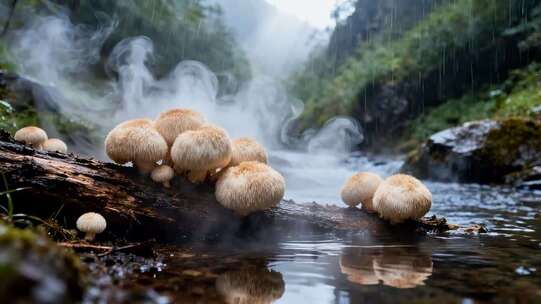 森林中木头上生长的蘑菇