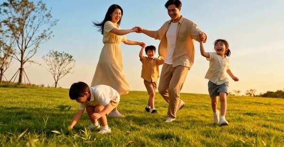 一家五口草地欢乐奔跑