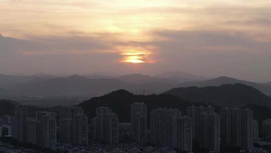 三四线城市日落晚霞夕阳航拍