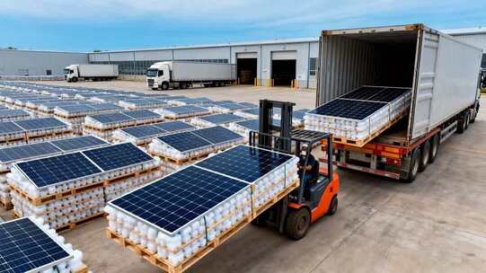 叉车搬运太阳能板至货车场景