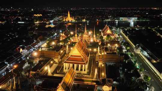 原创 泰国曼谷卧佛寺大皇宫城市航拍夜景